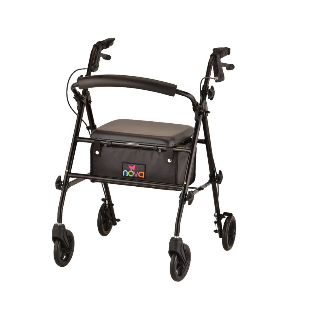 The Nova Medical Journey Steel Lightweight Folding Rollator is a sleek black walker with four wheels, handlebars with brakes, a padded seat, and a storage pouch beneath displaying the colorful Nova logo.